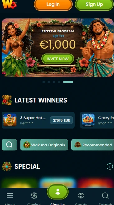 Wakuna Casino mobile view for Android and iOS with latest winners and referral banner