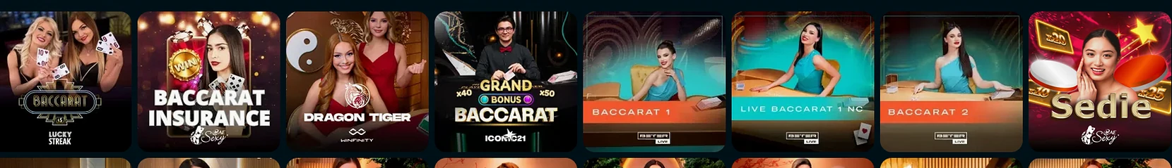 Live baccarat and Dragon Tiger tables at Wakuna Casino including Baccarat Insurance and Grand Bonus Baccarat