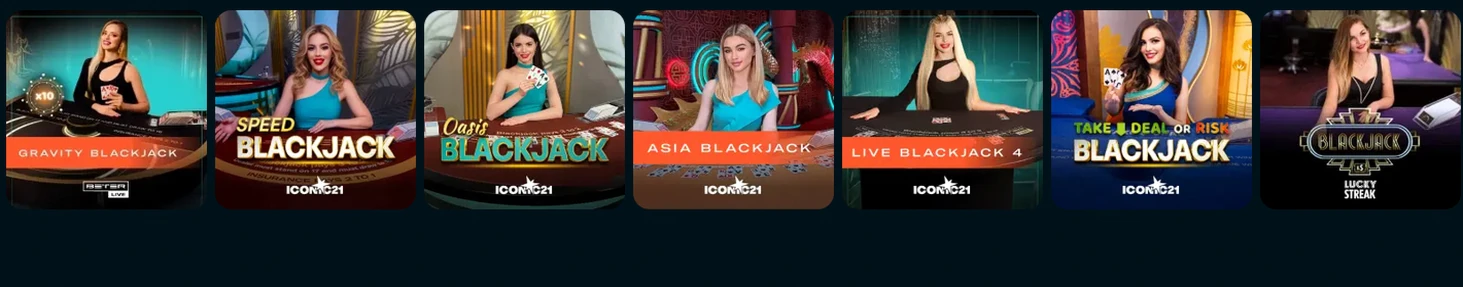 Live blackjack tables at Wakuna Casino including Speed Blackjack, Oasis Blackjack and Gravity Blackjack