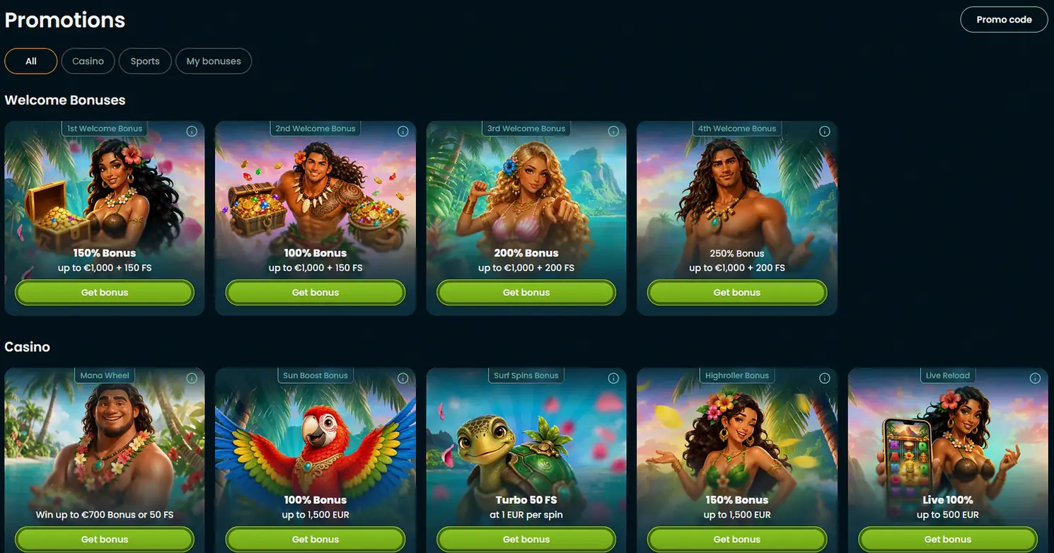 Wakuna Casino promotions page with four welcome bonuses and casino reload offers