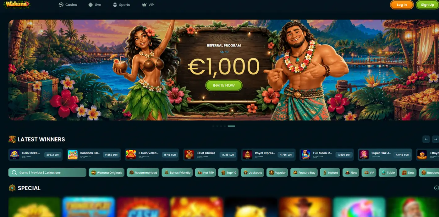 Wakuna Casino lobby for Australian players with latest winners, pokies categories and the referral programme banner