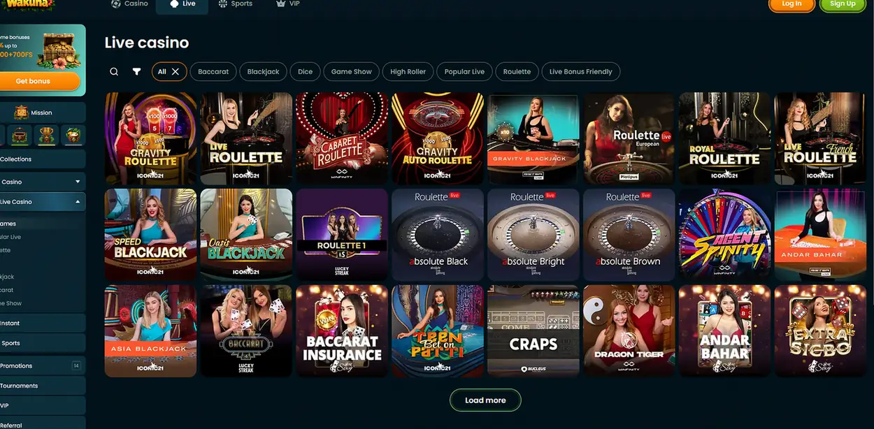 Wakuna live casino lobby with roulette, blackjack, baccarat and game show tables for Australian players