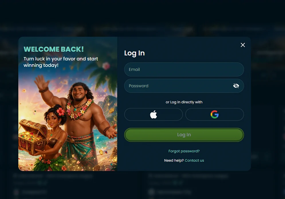Wakuna Casino log in form with email, password and Apple or Google sign-in