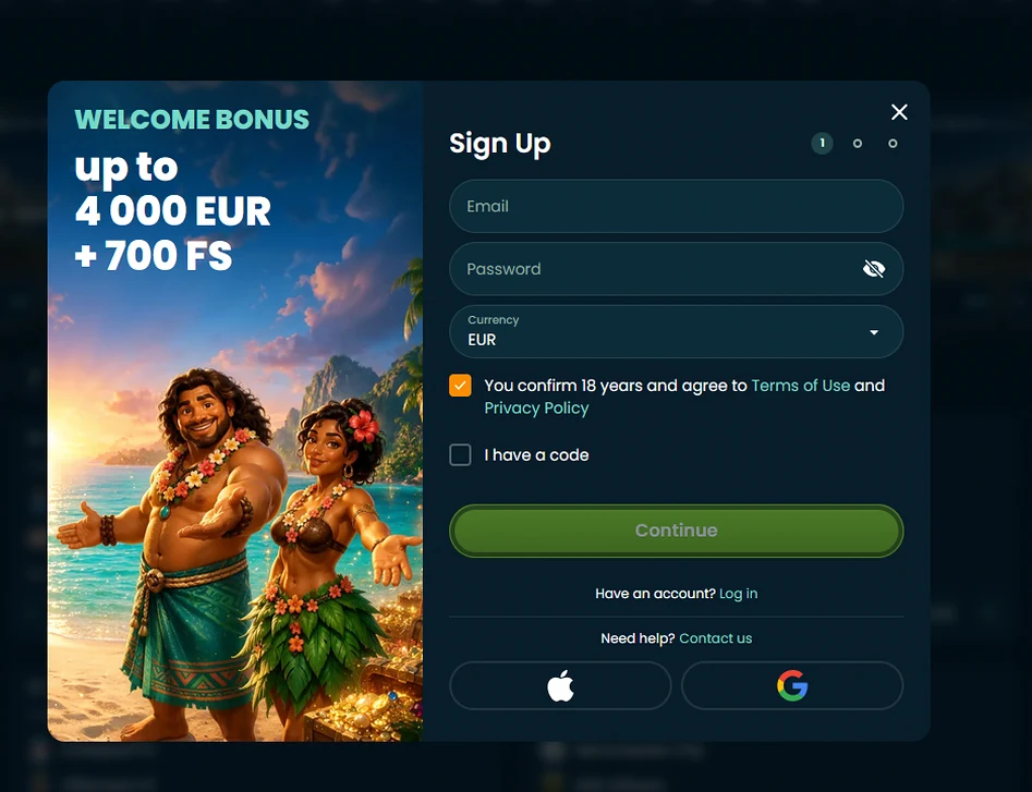Wakuna Casino sign-up form with email, password, currency selection and 18+ confirmation
